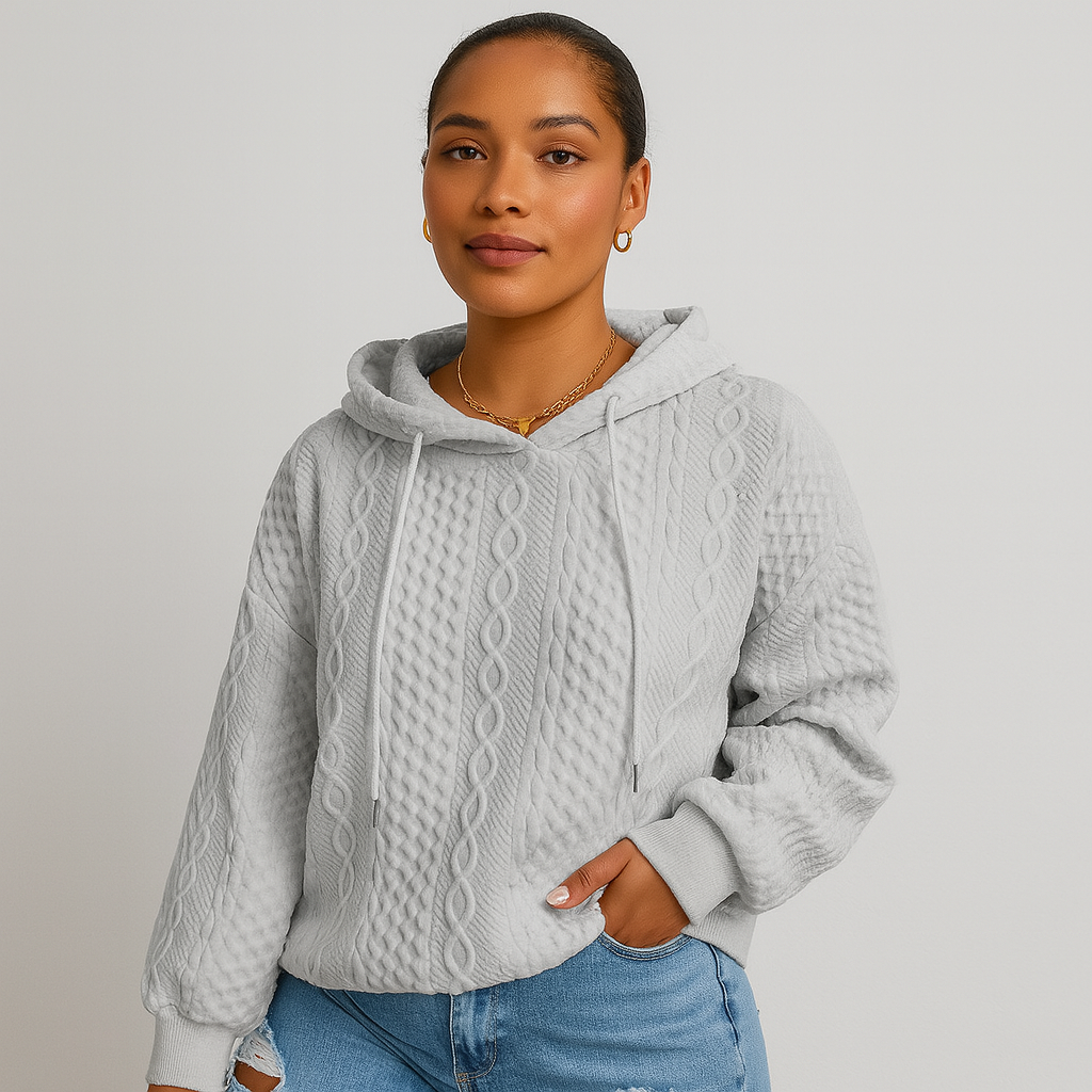 Damen Kapuzenpullover in großen Größen – Unifarbener Rippstrick mit Kordelzug & Stretch