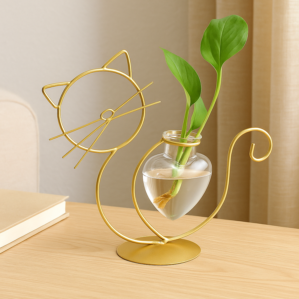 FelineBloom – Herzförmige Glas-Pflanzkiste mit katzeninspiriertem Halter