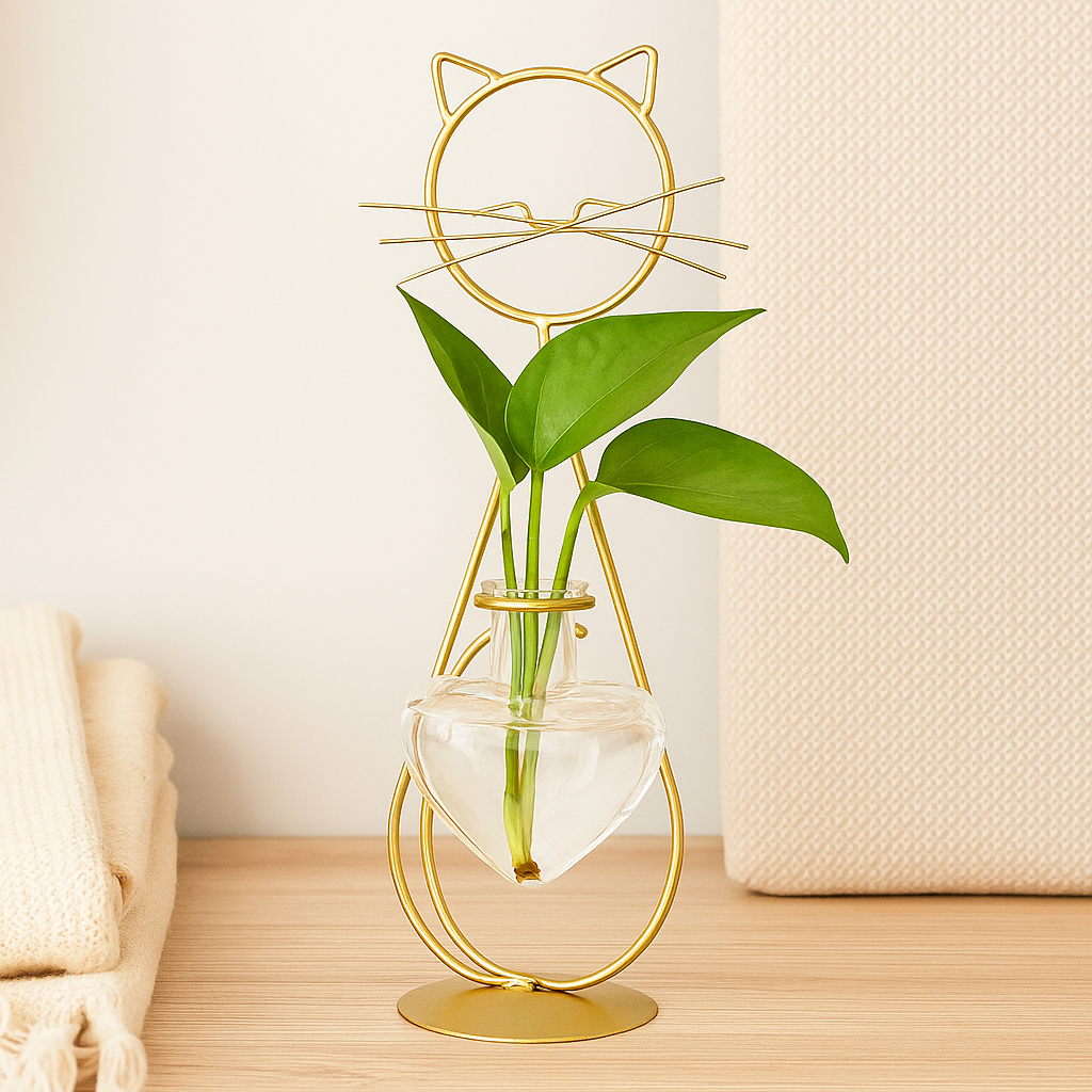 FelineBloom – Herzförmige Glas-Pflanzkiste mit katzeninspiriertem Halter