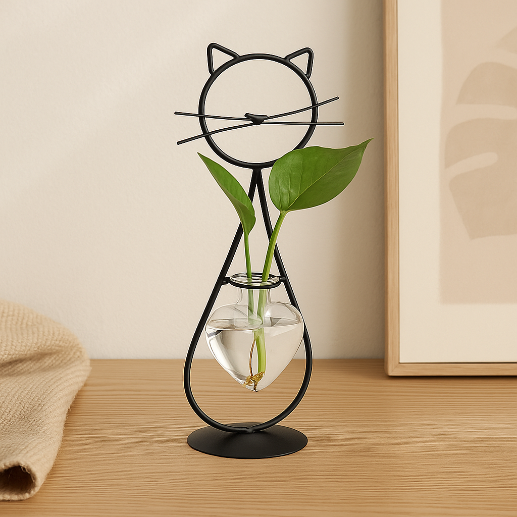 FelineBloom – Herzförmige Glas-Pflanzkiste mit katzeninspiriertem Halter