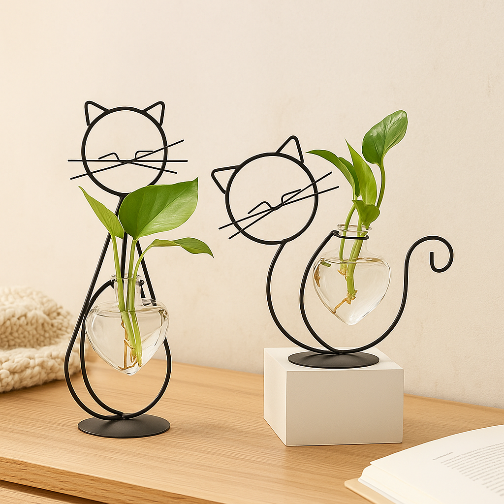FelineBloom – Herzförmige Glas-Pflanzkiste mit katzeninspiriertem Halter