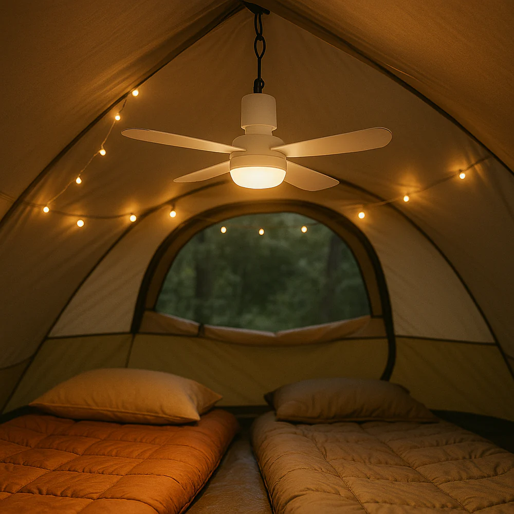 BreezeGlow - Tragbarer Deckenventilator mit LED-Licht und Bluetooth-Lautsprecher