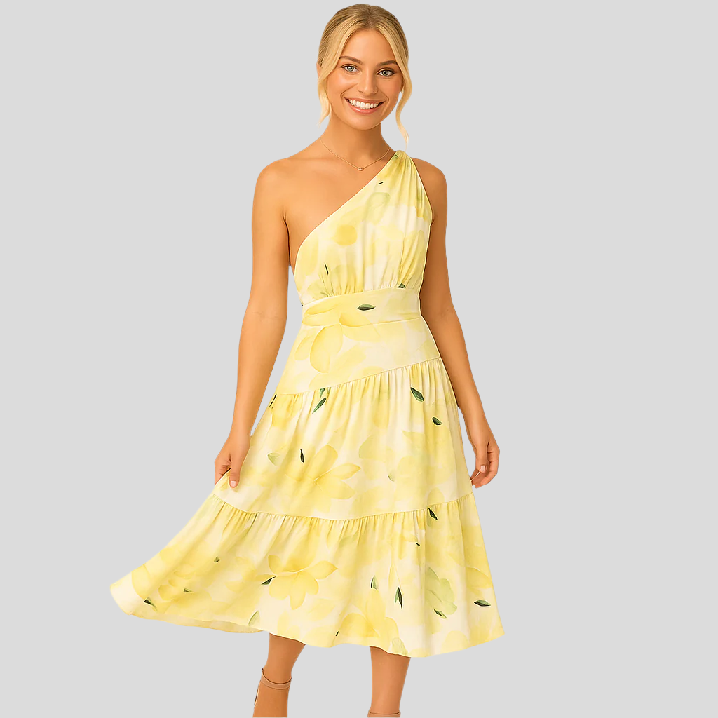 Maelle – Leuchtendes Blumendruck-Midikleid mit einem Schulterriemen für sonnige Anlässe