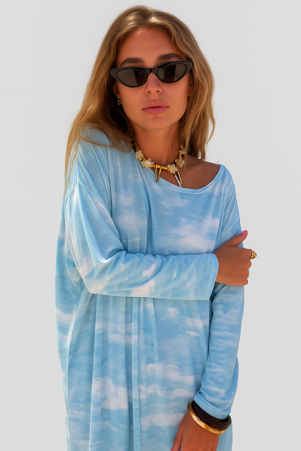 Aurora langärmeliges Sommer-Maxikleid mit einzigartigem Druck