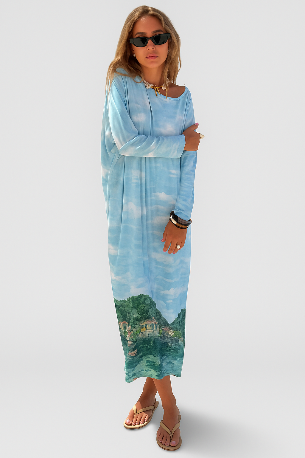 Aurora langärmeliges Sommer-Maxikleid mit einzigartigem Druck