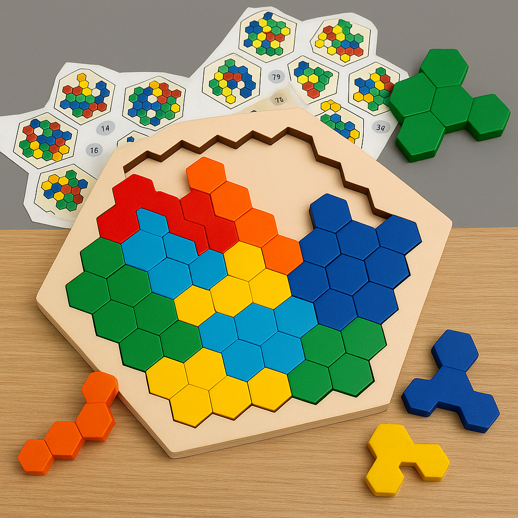 HexaFun 3D sechseckiges Holz-Puzzlespiel – Pädagogisches STEM-Spielzeug für Kinder