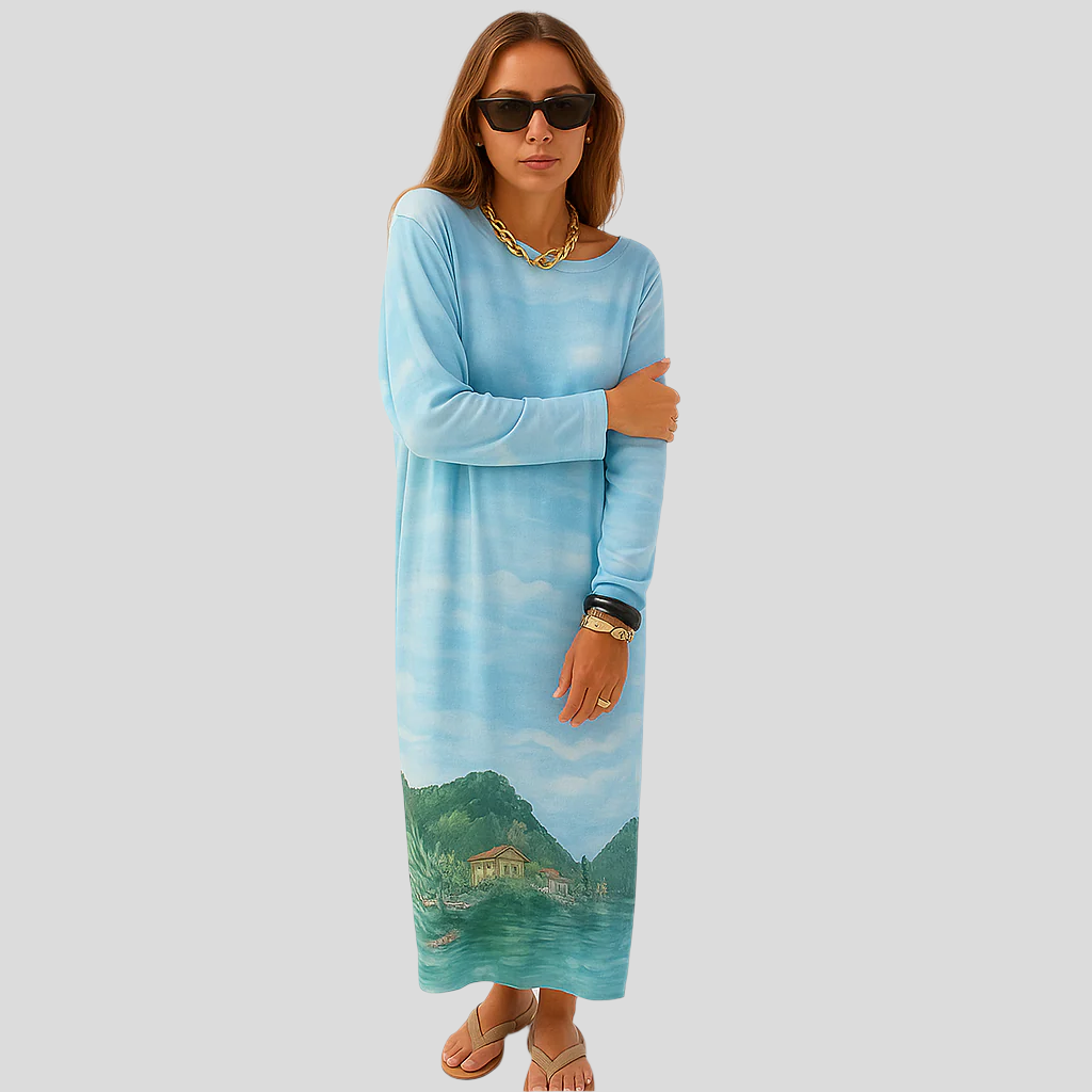 Aurora langärmeliges Sommer-Maxikleid mit einzigartigem Druck