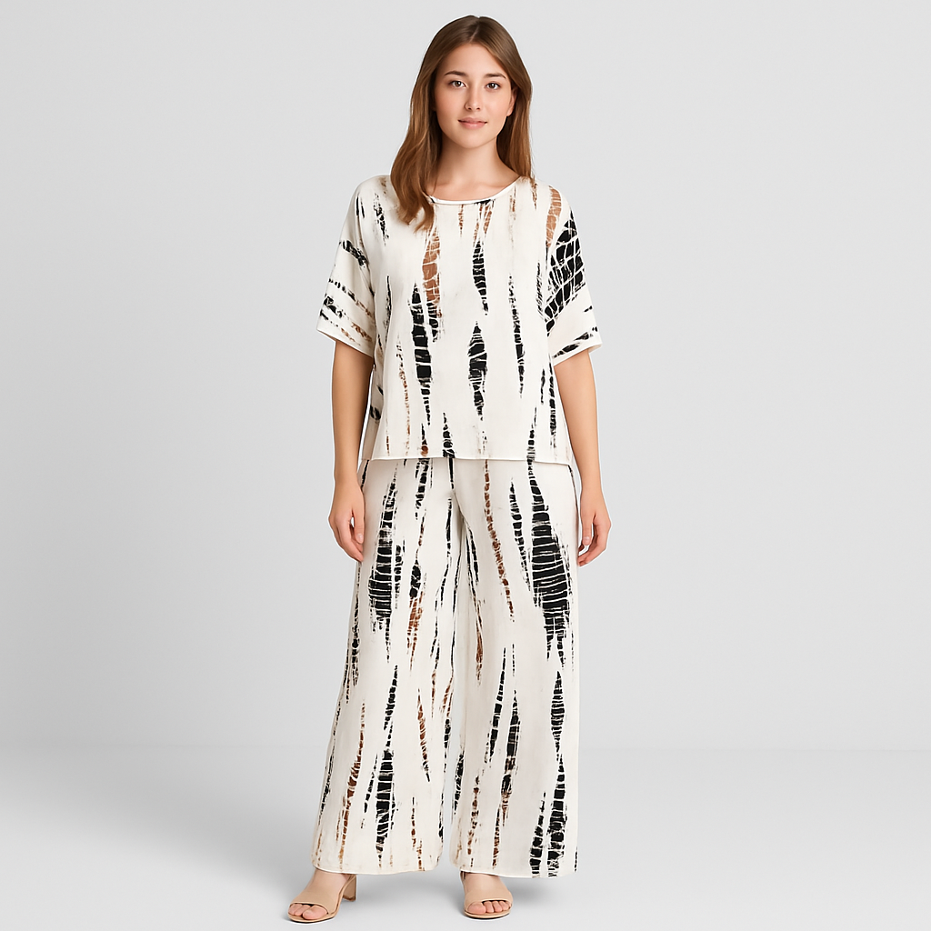 Elise Casual Zweiteiliges Set – Top mit Rundhalsausschnitt und Hose mit weitem Bein für einen mühelosen Stil