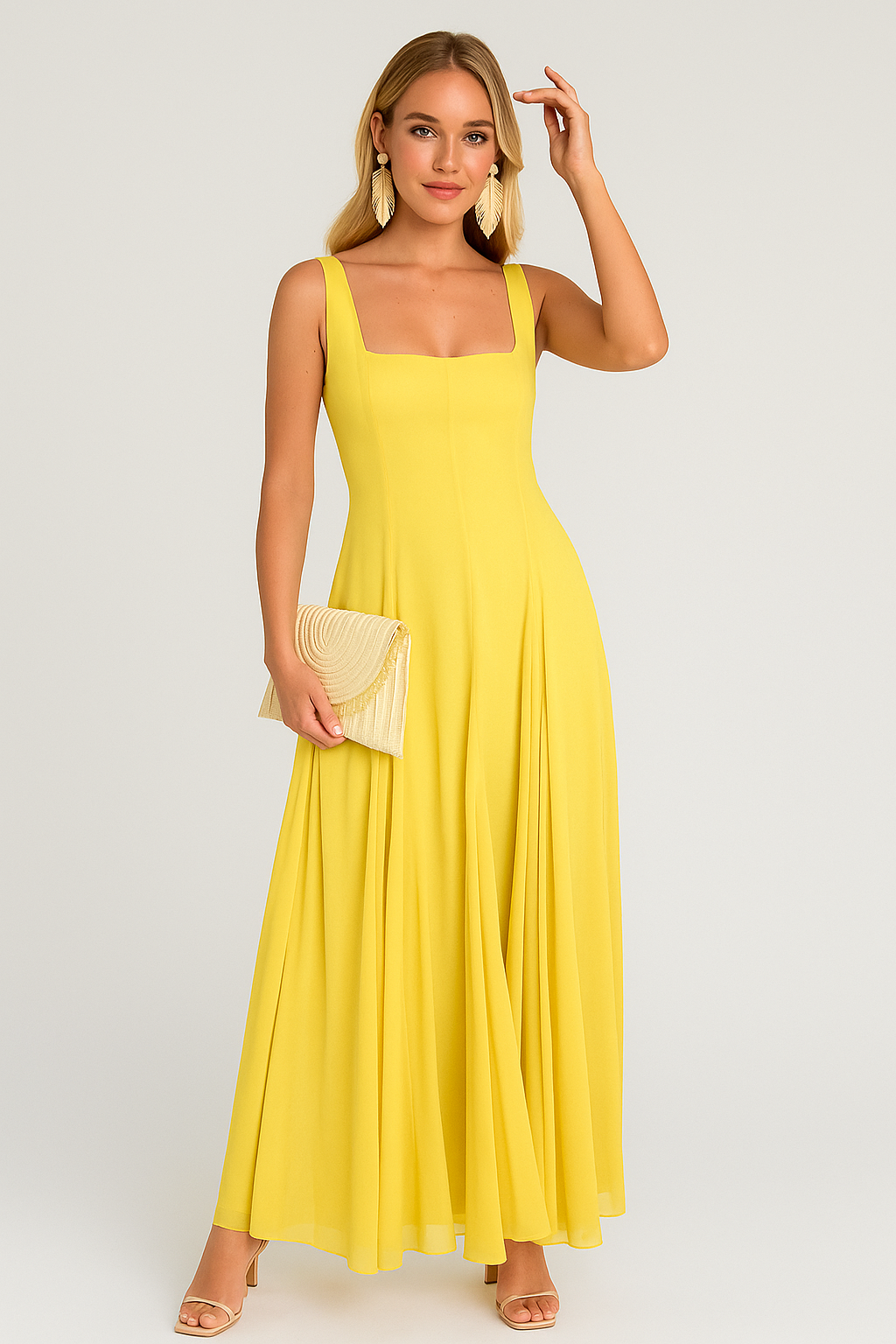 Elora Boho Chic Lange Sommerkleid mit Trägern und Quadragere Ausschnitt