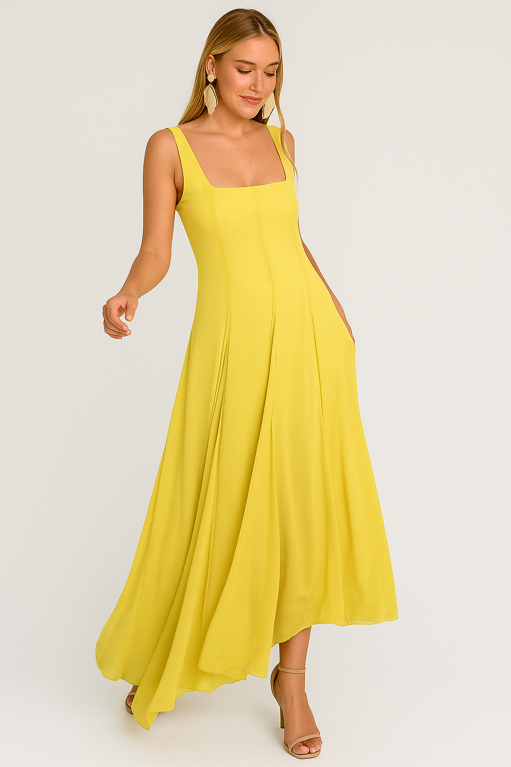 Elora Boho Chic Lange Sommerkleid mit Trägern und Quadragere Ausschnitt