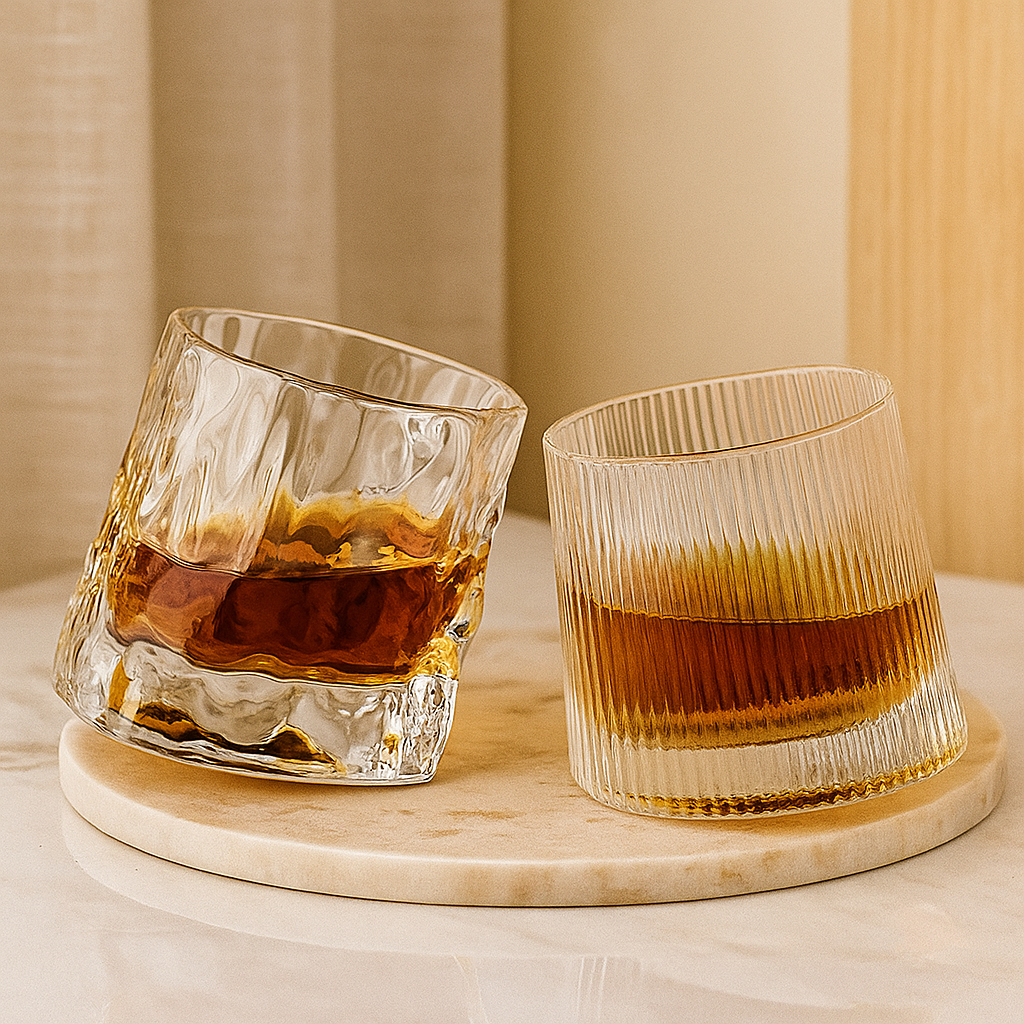 SwirlSip – Rotierendes texturiertes Whiskyglas mit auffällig geriffeltem Design