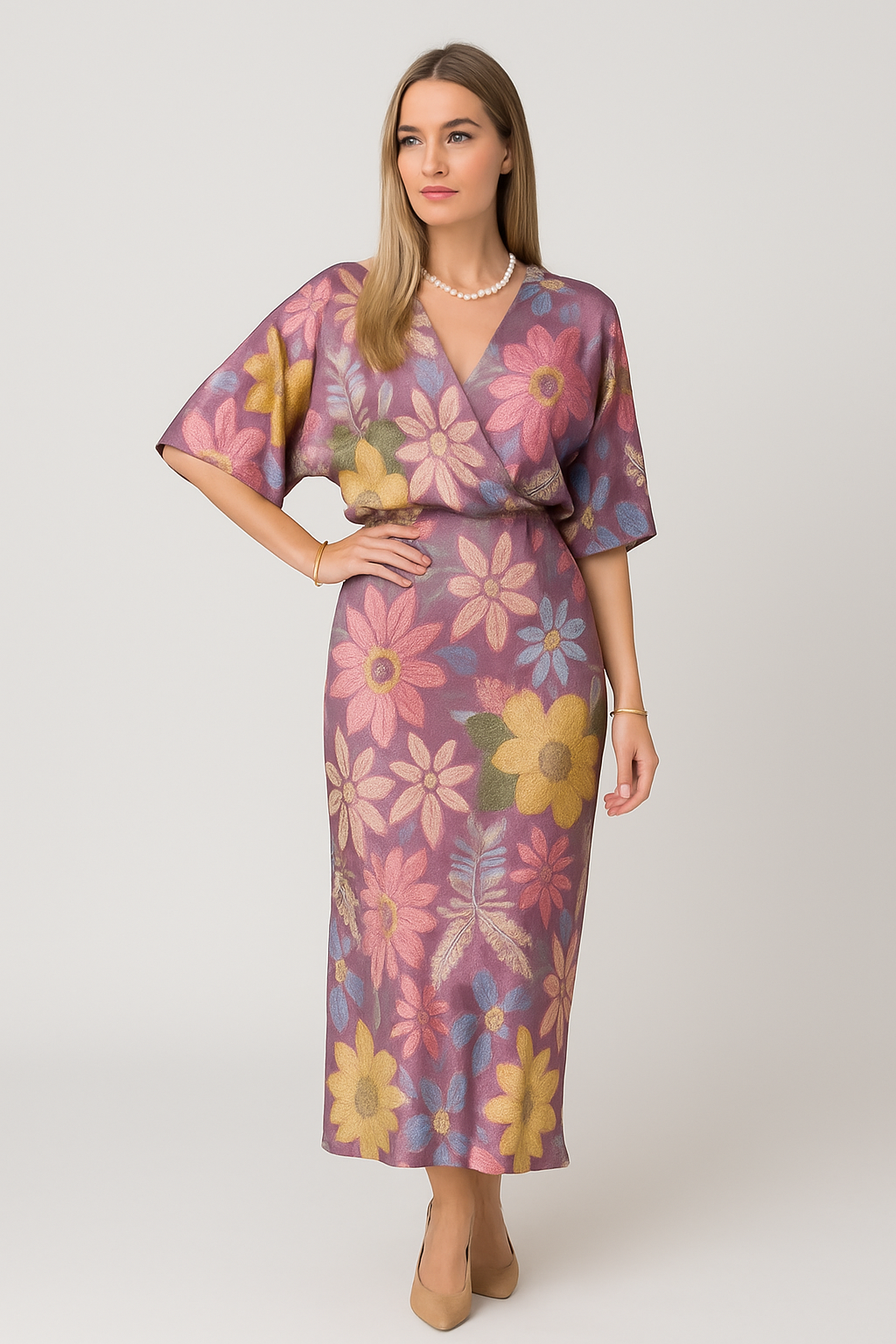Fleuréline – Raffinierte Midikleid mit Halbknopfleiste und weiten Ärmeln im Blumenmuster