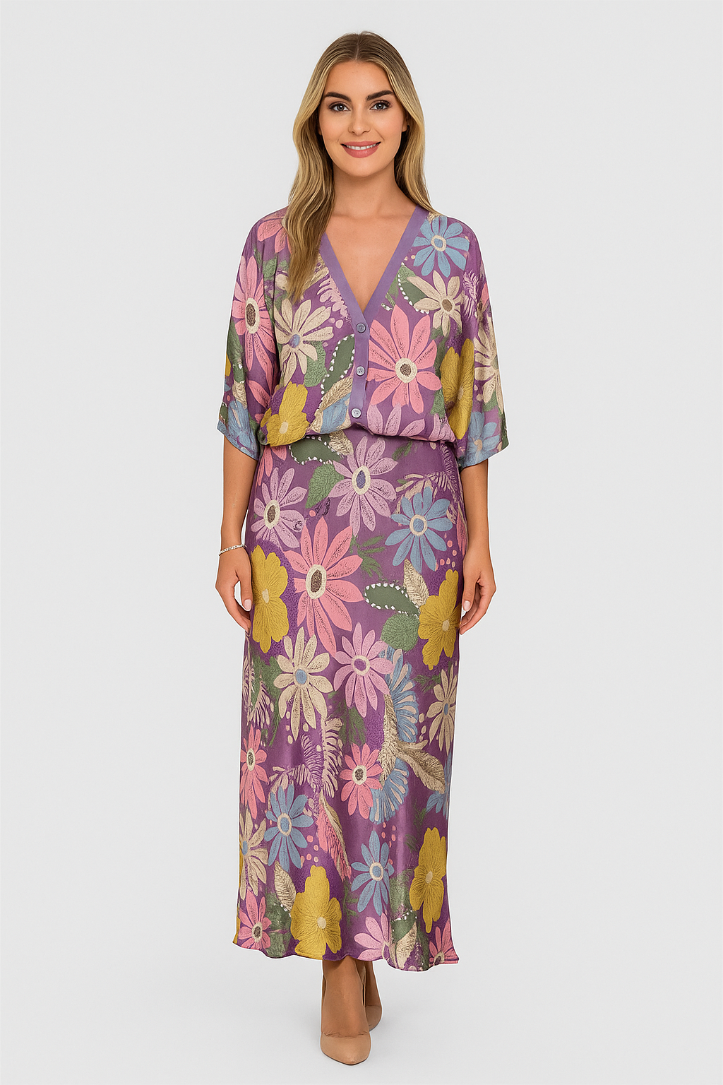 Fleuréline – Raffinierte Midikleid mit Halbknopfleiste und weiten Ärmeln im Blumenmuster