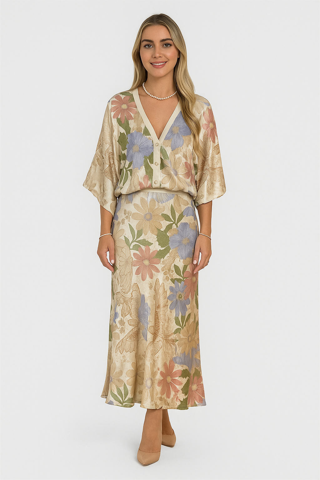 Fleuréline – Raffinierte Midikleid mit Halbknopfleiste und weiten Ärmeln im Blumenmuster