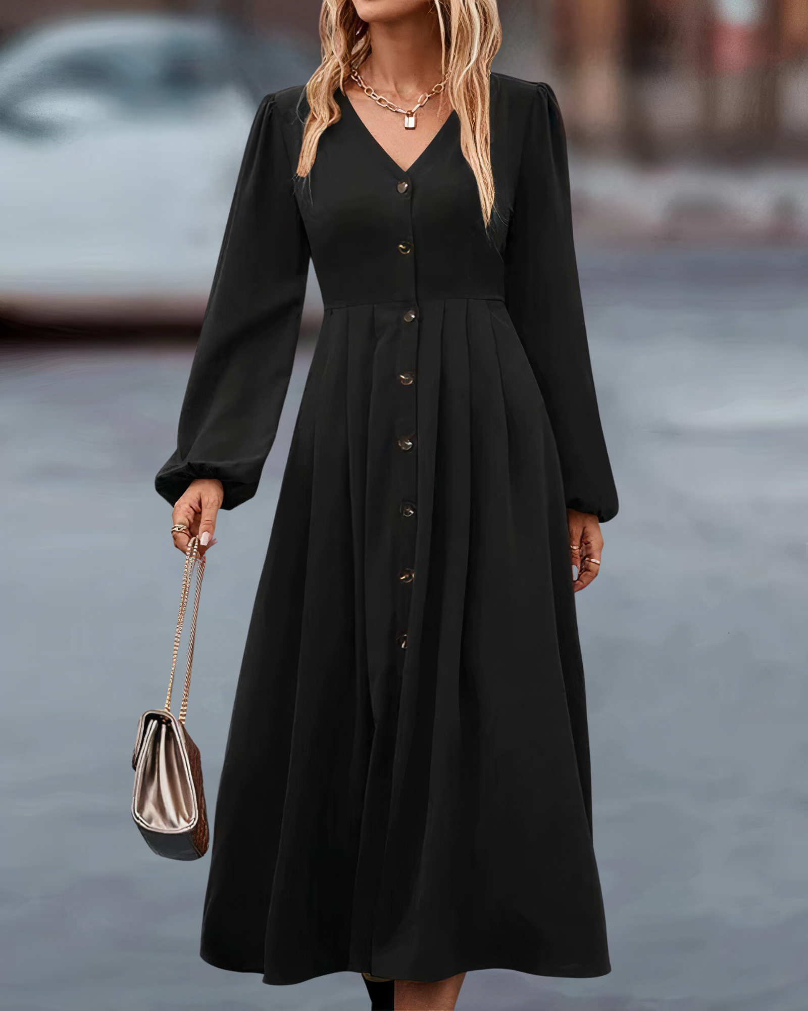 Noreen - Elegantes und schmeichelhaftes V-Ausschnitt Knopf Langkleid