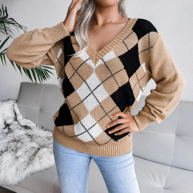 Elina - Retro-Pullover mit Diamantdruck und V-Ausschnitt mit langen Ärmeln