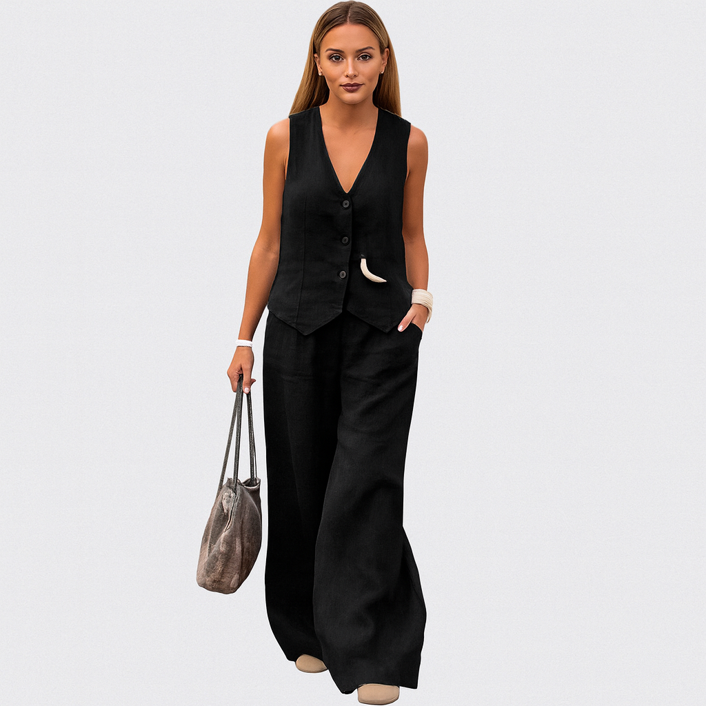Elegantes 2-teiliges Set für Damen – Ärmelloses Top mit V-Ausschnitt und passende einfarbige Hose