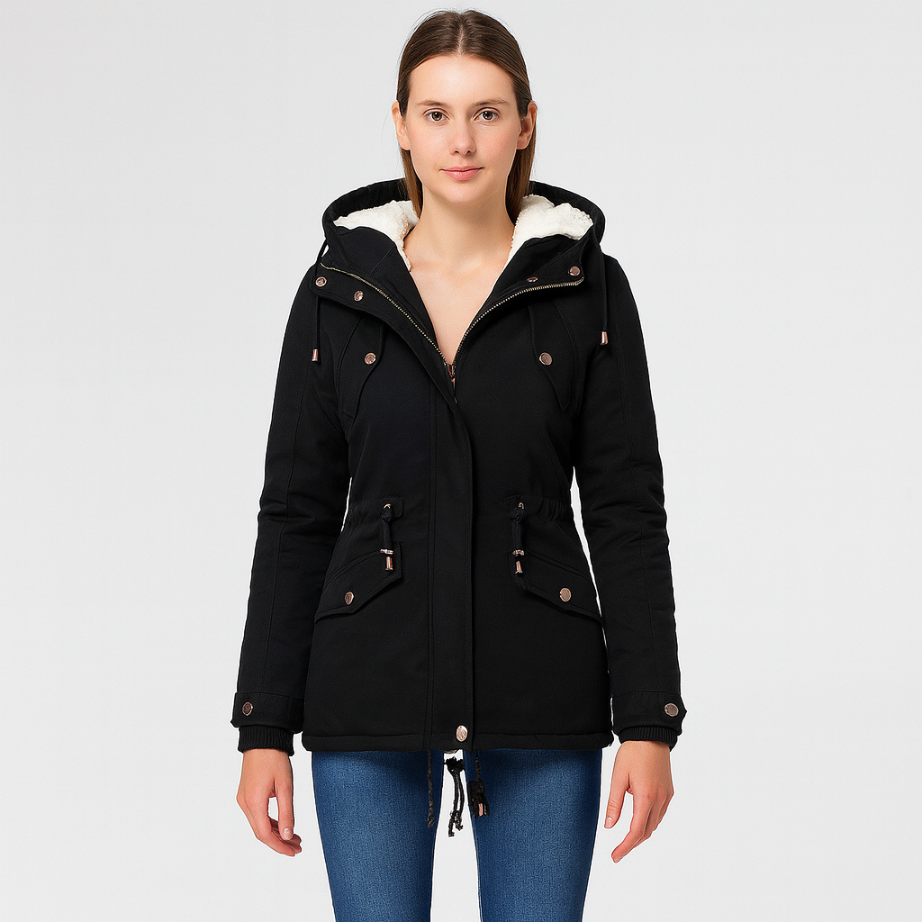 Elowyn | Damen-Wintermantel aus Baumwolle mit Fleecefutter und Kapuze, mittellang