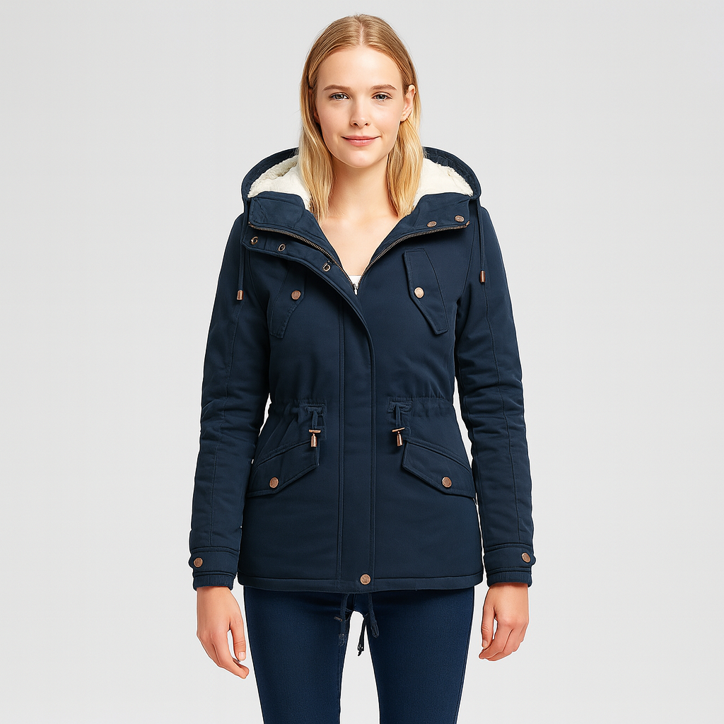 Elowyn | Damen-Wintermantel aus Baumwolle mit Fleecefutter und Kapuze, mittellang