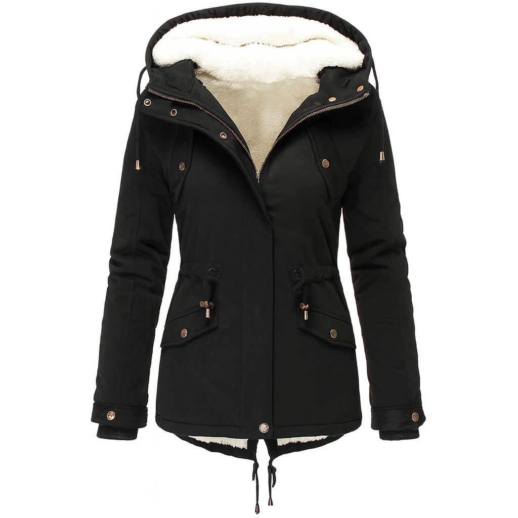 Elowyn | Damen-Wintermantel aus Baumwolle mit Fleecefutter und Kapuze, mittellang