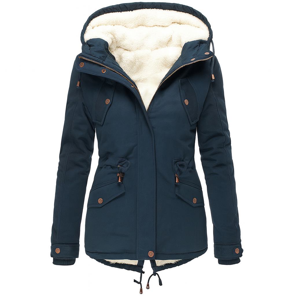 Elowyn | Damen-Wintermantel aus Baumwolle mit Fleecefutter und Kapuze, mittellang