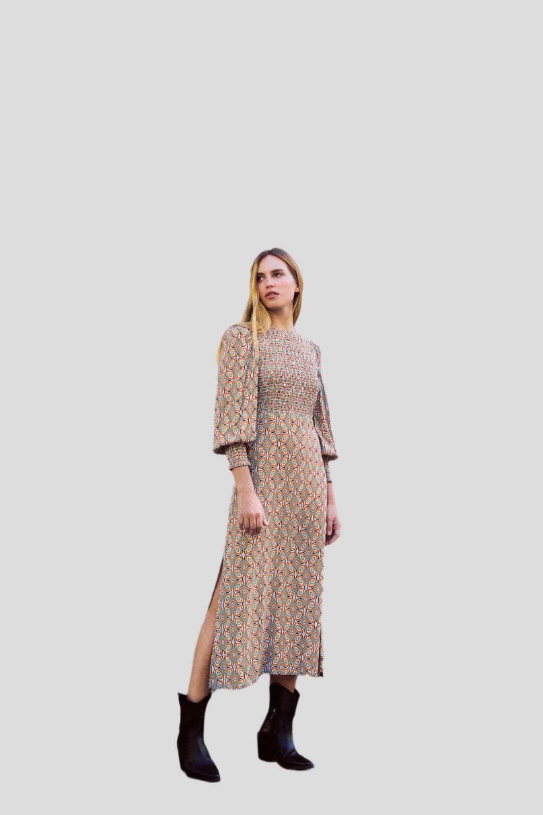 Elodie Casual Lang bedrucktes Kleid mit Puffärmeln