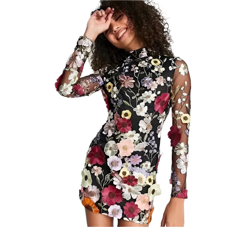 Faurra Blumenkleid mit Hohem Kragen und Langen Ärmeln