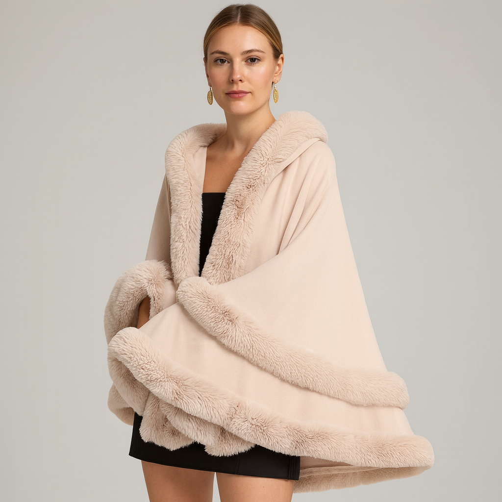Friedela | Cape-Mantel mit flauschigem Besatz und Kapuze in Übergröße