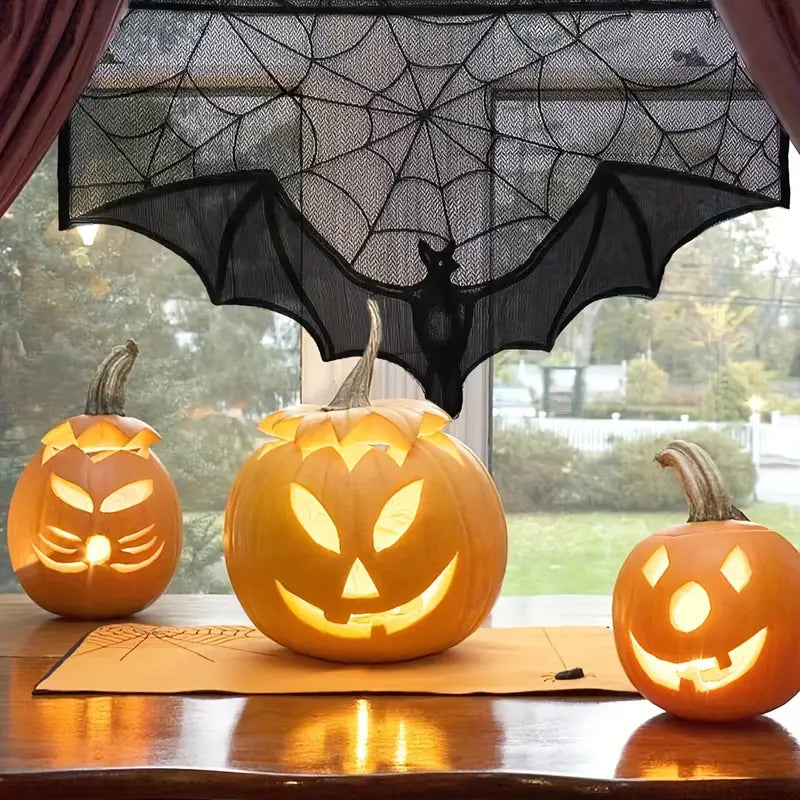 GothicLace Halloween Spitzen-Deko – Schwarzer Überwurf mit Fledermaus & Spinnennetz