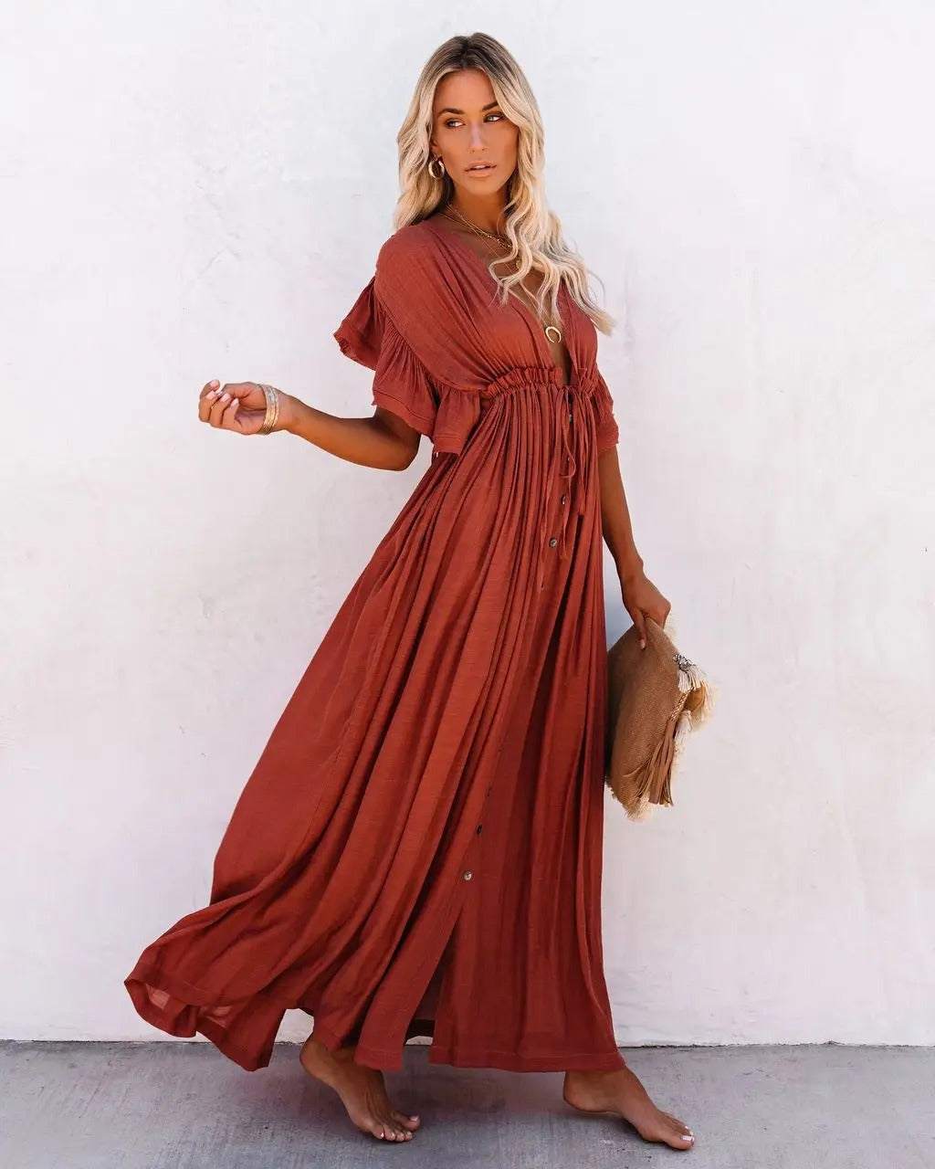Febie - Stilvolle Terrakotta-Maxi-Kleid mit flatternden Ärmeln