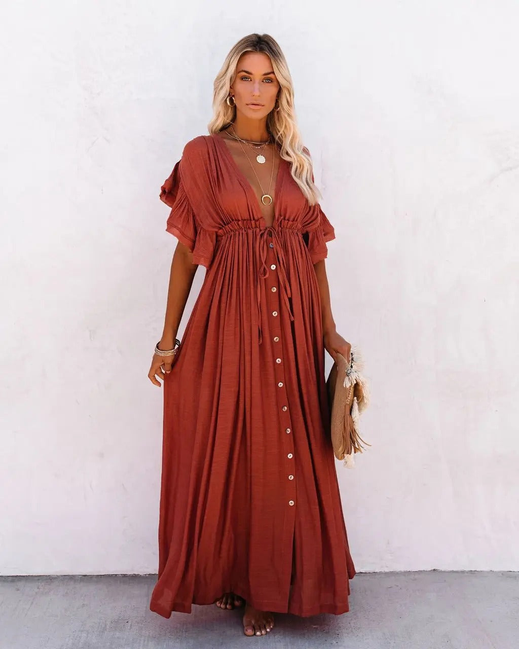 Febie - Stilvolle Terrakotta-Maxi-Kleid mit flatternden Ärmeln