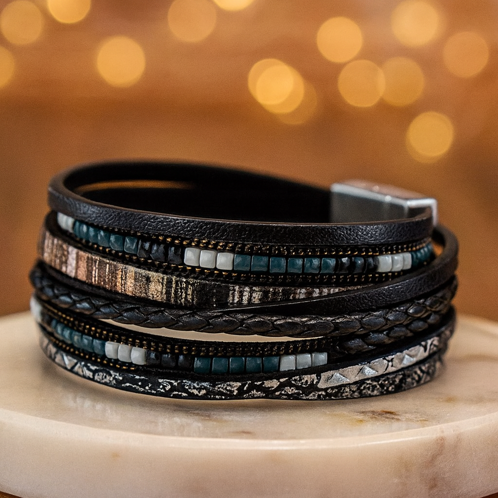 Mehrlagiges Lederarmband für Damen – Roségold mit Perlen und Kristall-Akzenten