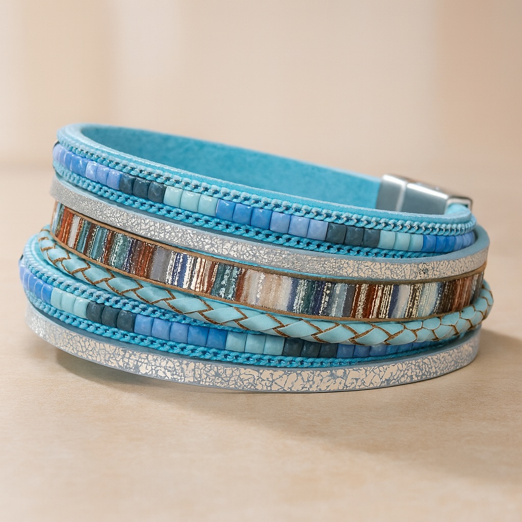 Mehrlagiges Lederarmband für Damen – Roségold mit Perlen und Kristall-Akzenten