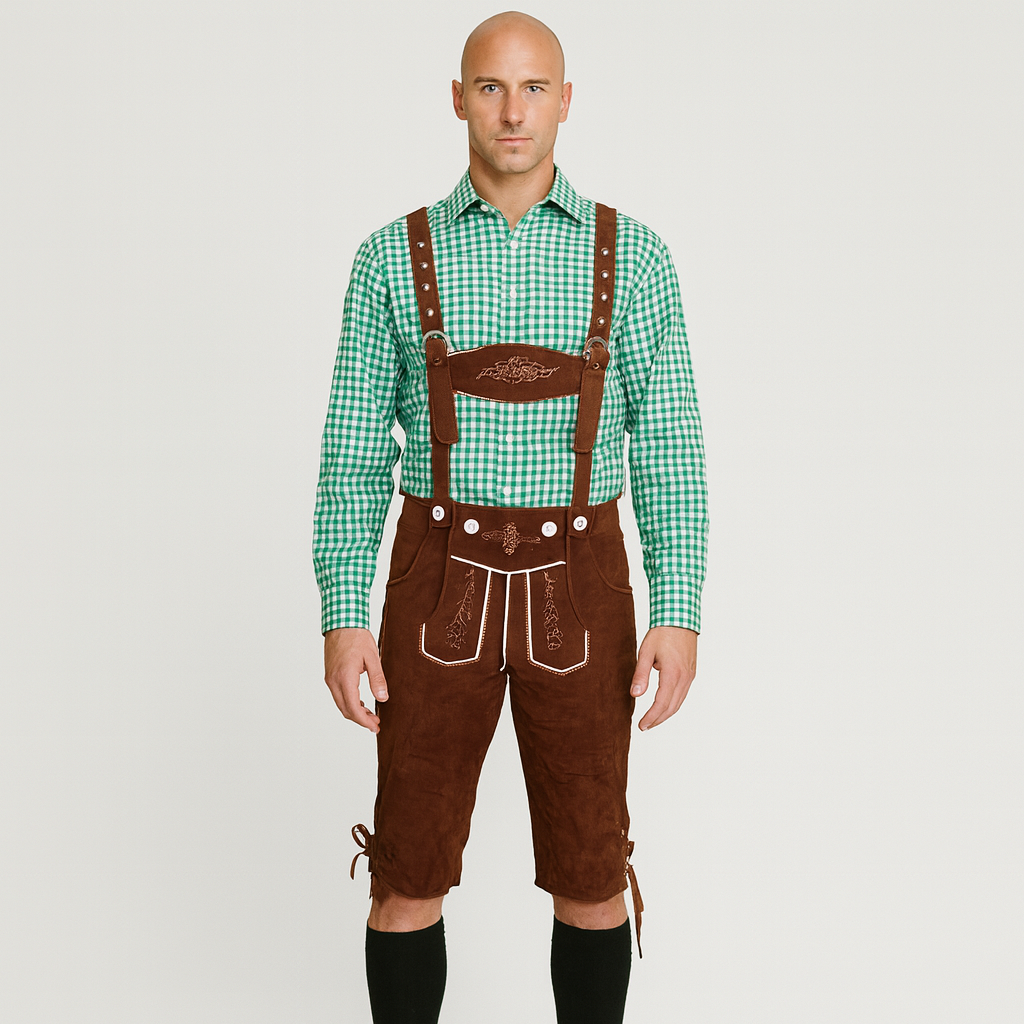 Kniebundlederhose Herren – Dunkelbraune Trachtenhose mit Trägern aus Echtleder fürs Oktoberfest