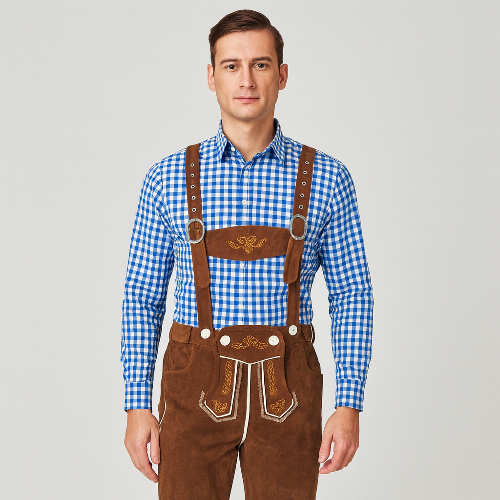 Kniebundlederhose Herren – Dunkelbraune Trachtenhose mit Trägern aus Echtleder fürs Oktoberfest