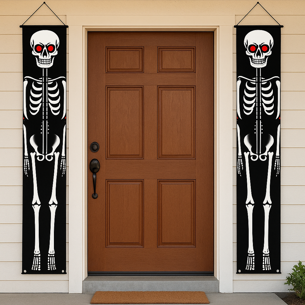 NightShade Halloween Türbanner – 2-teilige doppelseitige Skelettsoldaten aus Polyester
