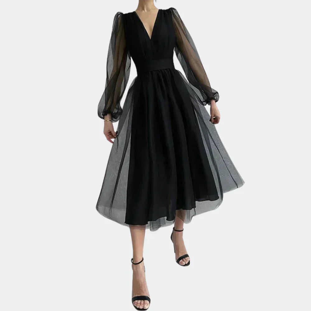 Leni - Elegantes V-Hals Ballonärmel Fließendes Kleid