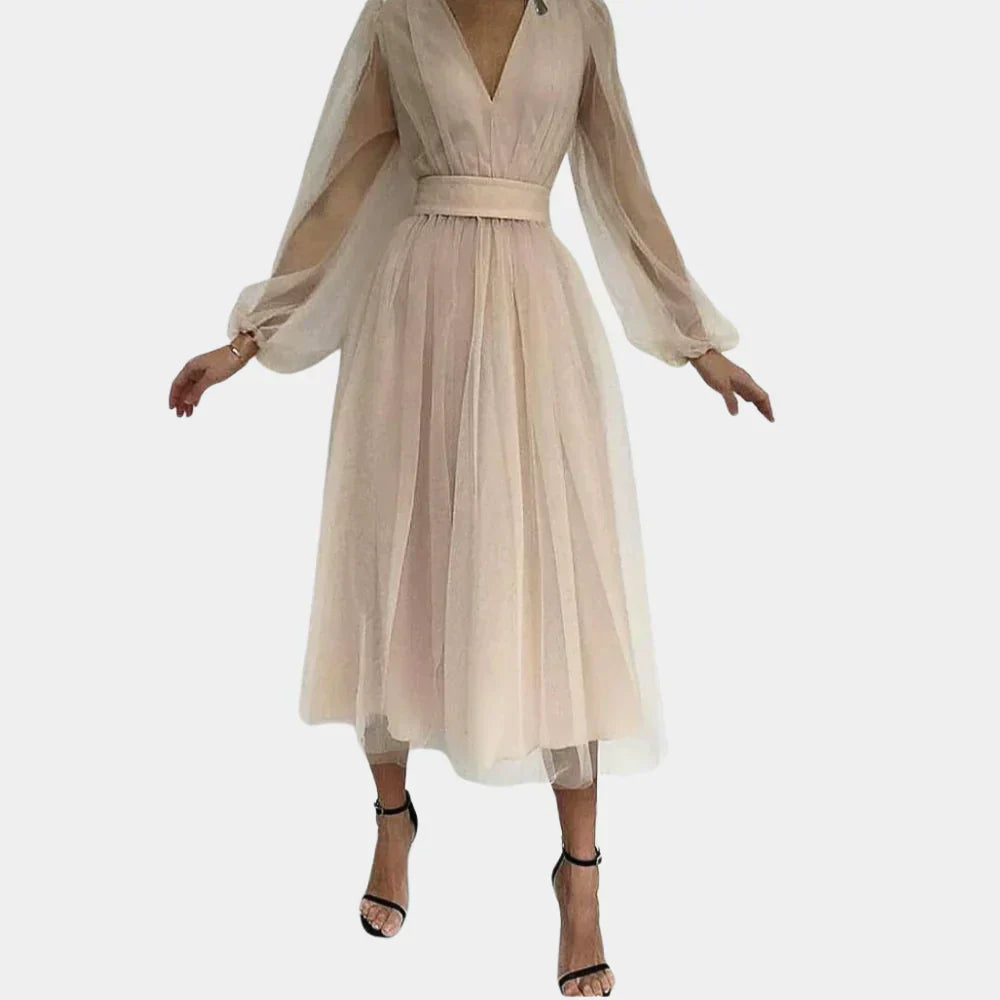 Leni - Elegantes V-Hals Ballonärmel Fließendes Kleid