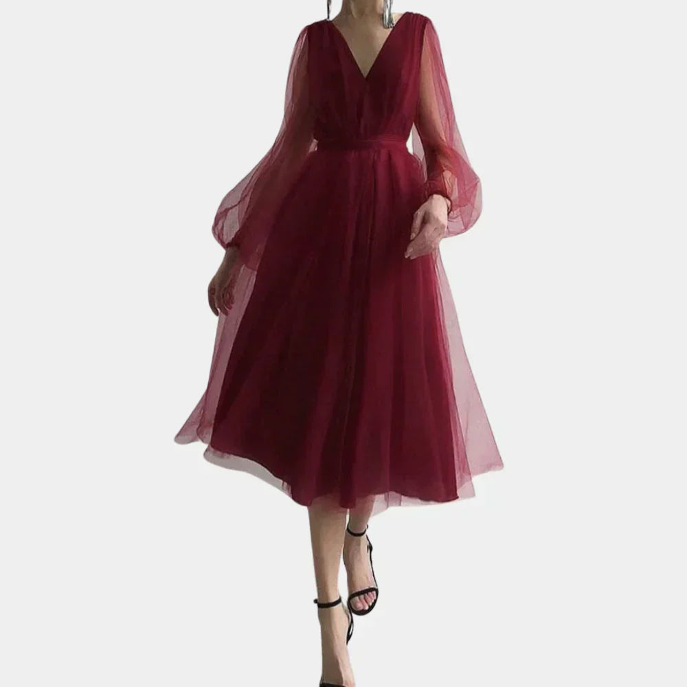 Leni - Elegantes V-Hals Ballonärmel Fließendes Kleid