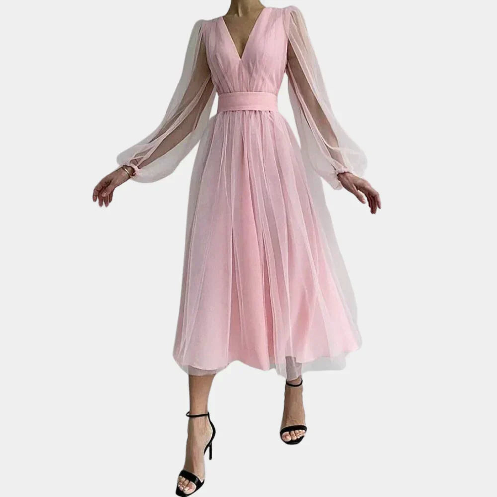 Leni - Elegantes V-Hals Ballonärmel Fließendes Kleid
