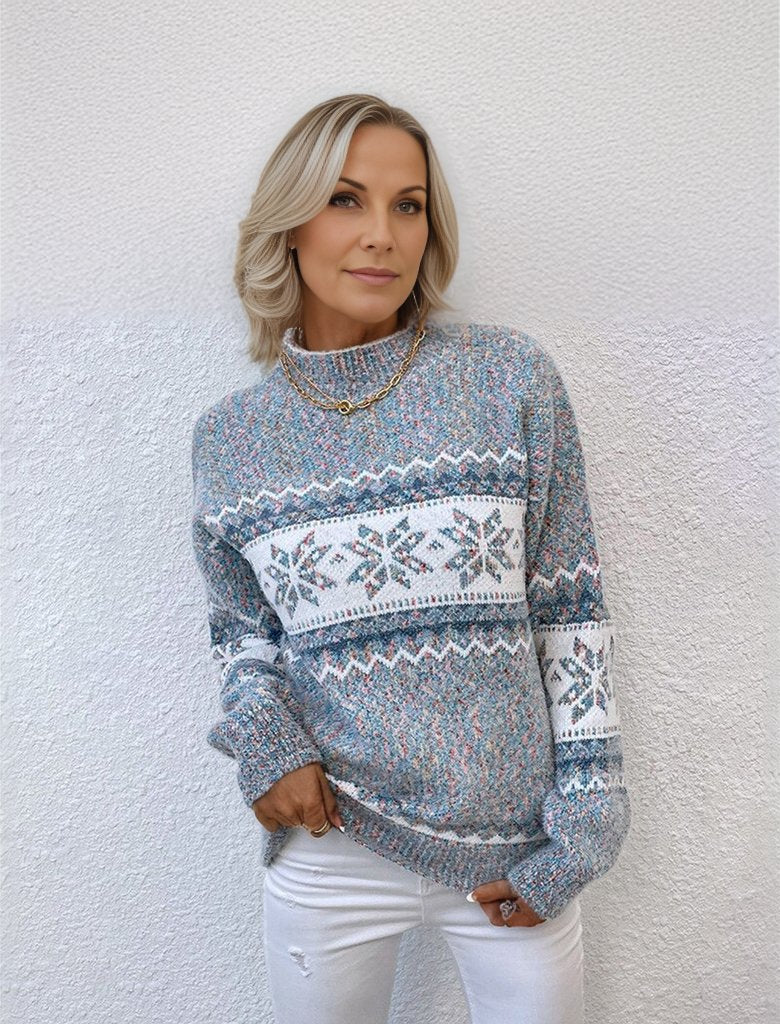 Mara Lässiger Rundhalsausschnitt Pullover mit Schneeflocken-Muster
