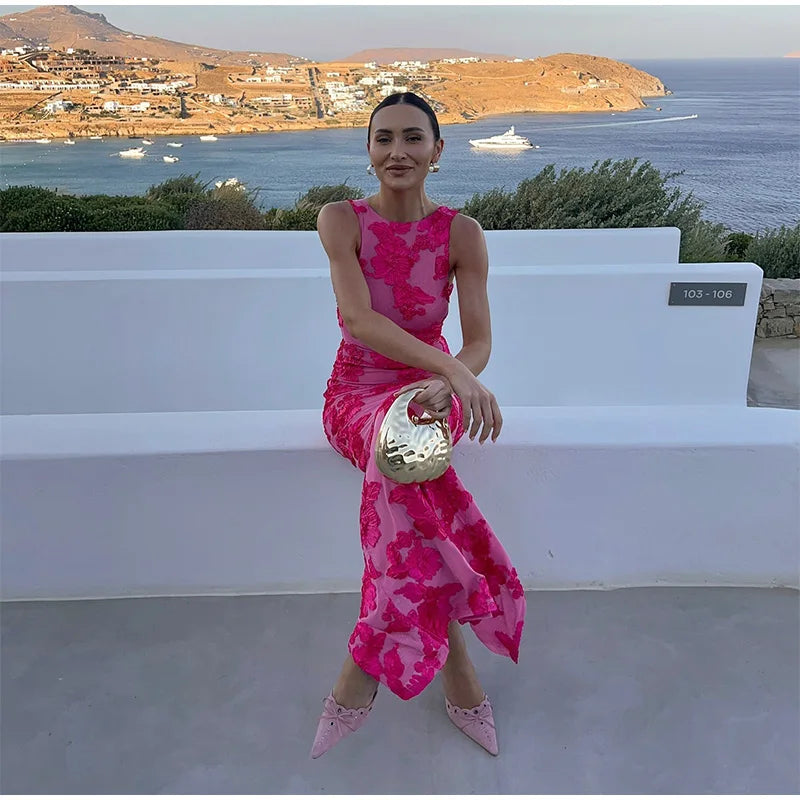 Stella - Pink Blumenmuster Maxikleid mit hohem Ausschnitt