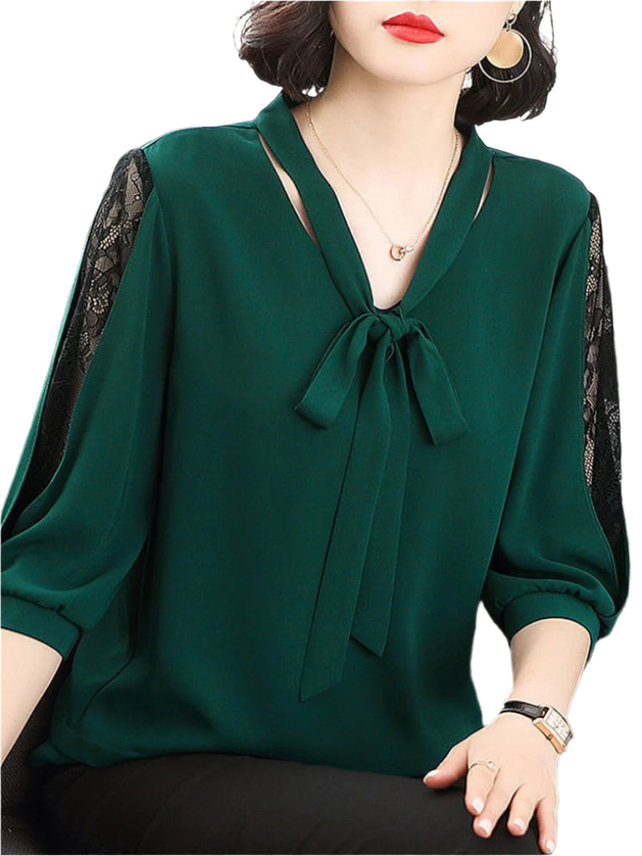 Estella - Elegante Bluse mit V-Ausschnitt, Spitzenärmeln und Schleifendetail