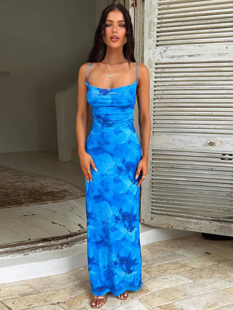 Elara Chic Blumenmuster Maxikleid – Eleganz mit Spaghetti-Trägern