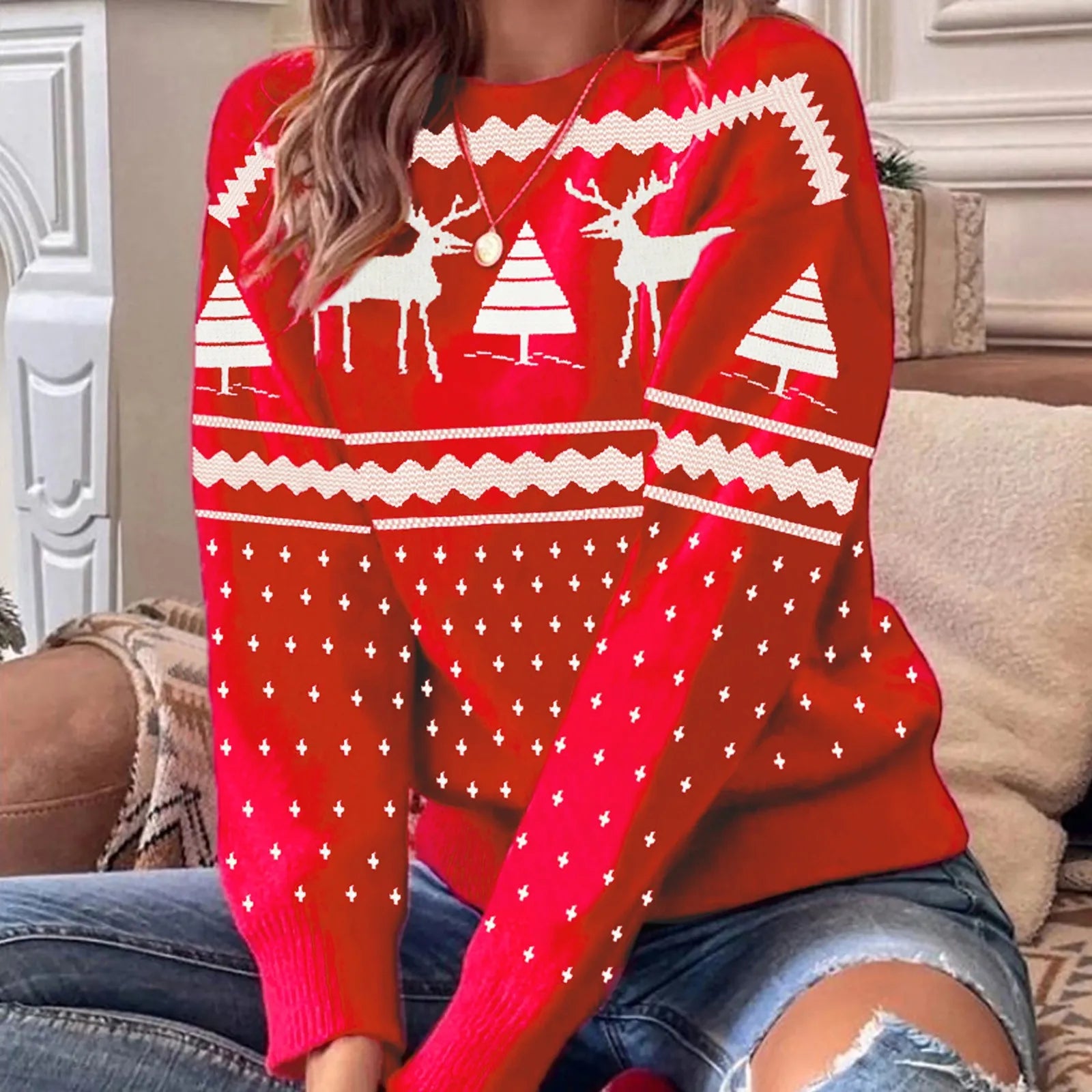 Sabrina - Weihnachts-Elch-Print Lässiger Strickpullover