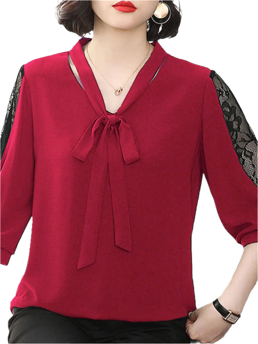 Estella - Elegante Bluse mit V-Ausschnitt, Spitzenärmeln und Schleifendetail
