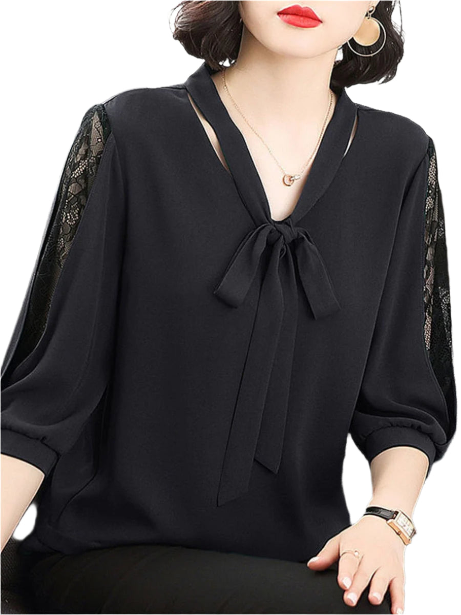Estella - Elegante Bluse mit V-Ausschnitt, Spitzenärmeln und Schleifendetail