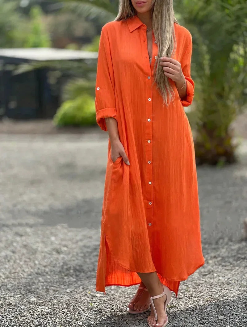 Ruth - Vielseitiges langärmeliges Maxikleid mit Knopfleiste
