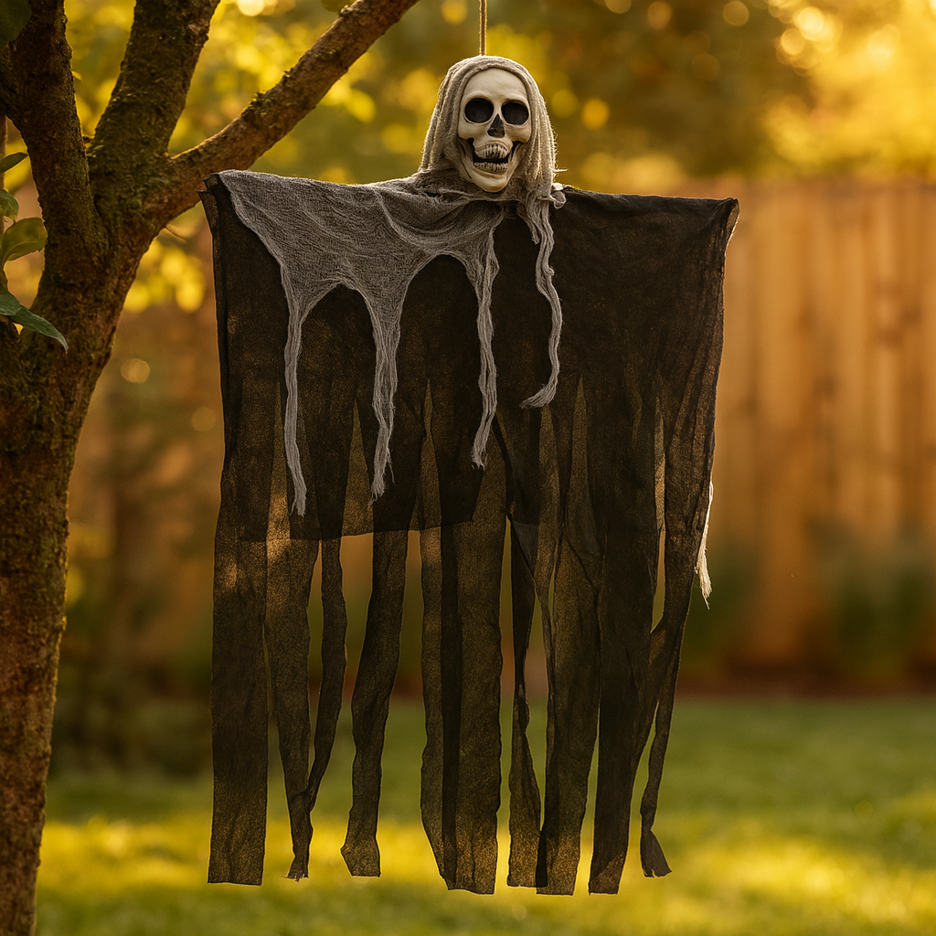 Gruseliger Totenkopf als Halloween-Hängedeko – Totenkopfkopf mit Stoff für gruselige Atmosphäre