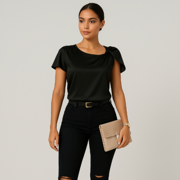 Lena – Moderne, elegante Schulterbluse mit Knoten-Details